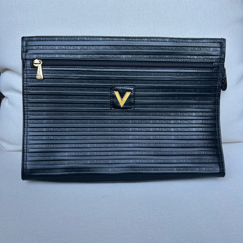 Valentino Textured Black Pouch with Gold Logo